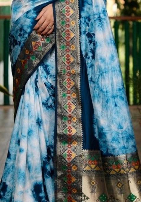 Teal Tie And Dye Zari Pure Silk Saree Set