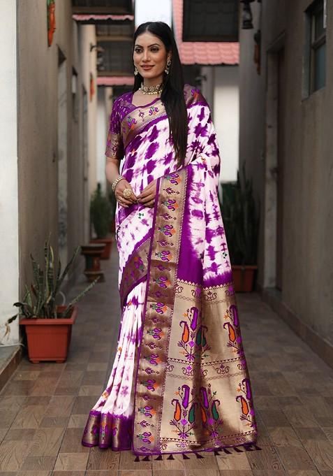 White Tie And Dye Zari Pure Silk Saree Set