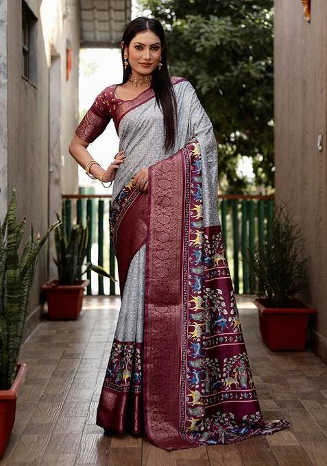 Grey Floral Zari Pure Silk Bandhani Saree Set