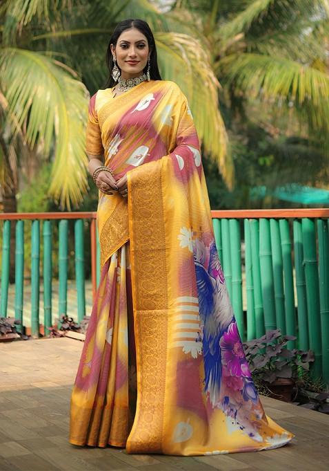 Yellow Bandhani Print Zari Pure Silk Saree Set