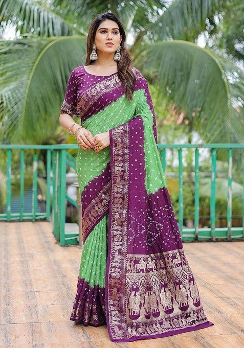 Purple Bandhani Print Zari Pure Silk Saree Set