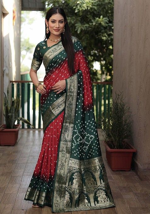 Maroon Bandhani Print Zari Pure Silk Saree Set