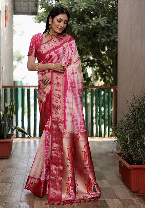 Pink Tie And Dye Zari Pure Silk Saree Set