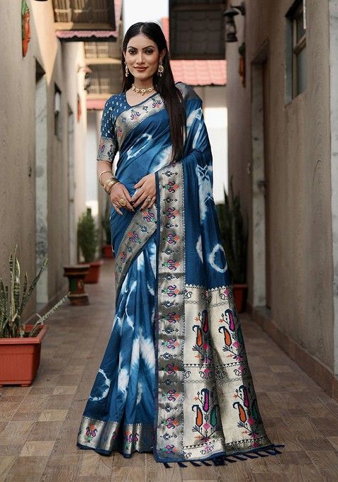 Blue Tie And Dye Zari Pure Silk Saree Set