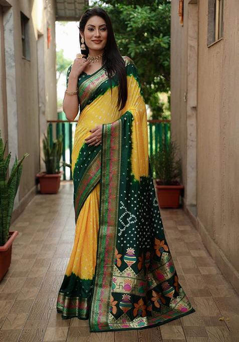 Yellow Bandhani Print Zari Pure Silk Saree Set