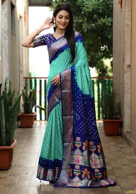 Turquoise Blue Bandhani Print Zari Pure Silk Saree Set