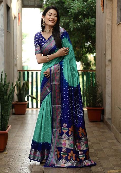 Turquoise Blue Bandhani Print Zari Pure Silk Saree Set