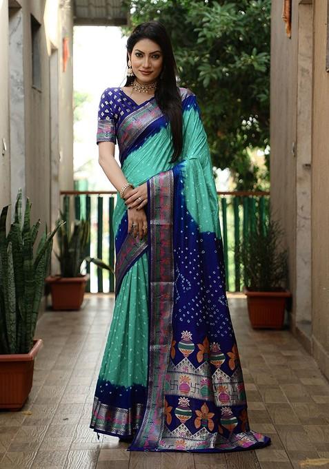 Turquoise Blue Bandhani Print Zari Pure Silk Saree Set