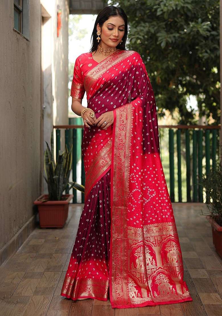 Purple Zari Pure Silk Saree Set with Bandhani Print for Diwali | Wedding & Festive Wear - Indya