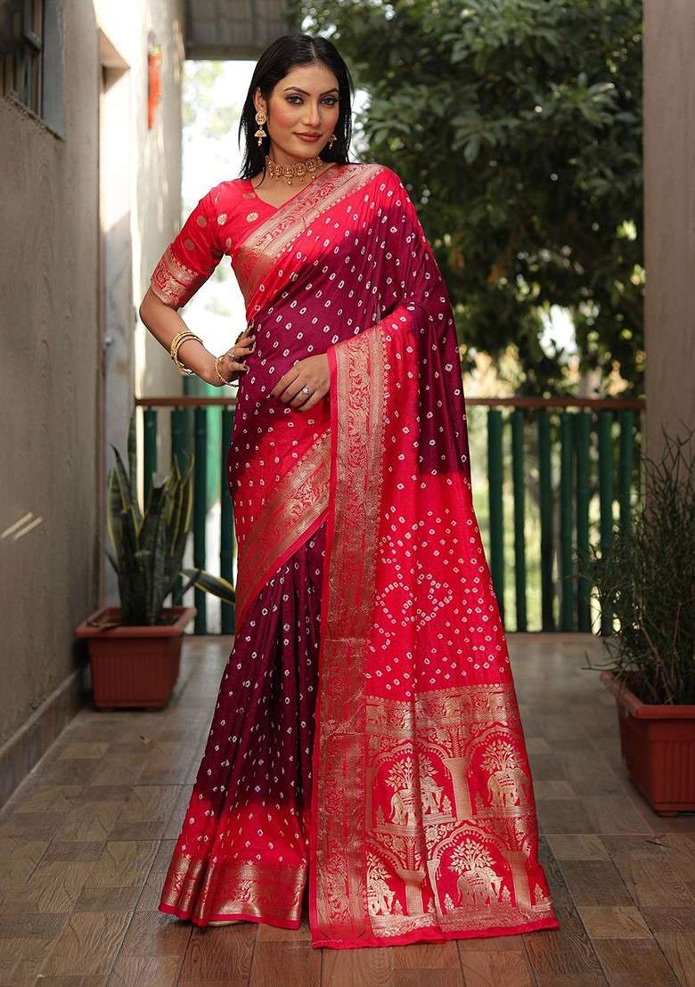 Purple Zari Pure Silk Saree Set with Bandhani Print for Diwali | Wedding & Festive Wear - Indya
