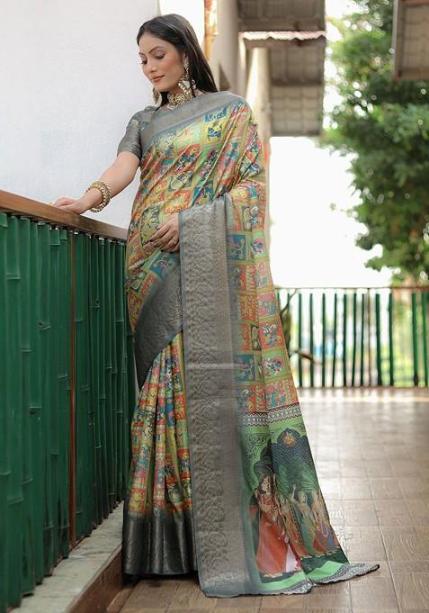 Grey Floral Print Zari Pure Silk Saree Set