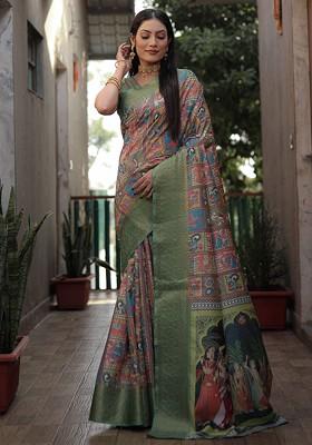 Green Ethnic Motifs Zari Pure Silk Saree Set