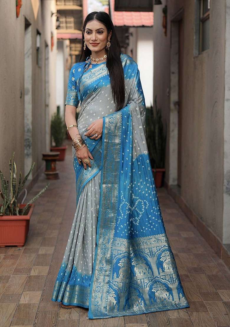 Grey Zari Pure Silk Bandhani Saree Set for Diwali and Festive Wear - Indya