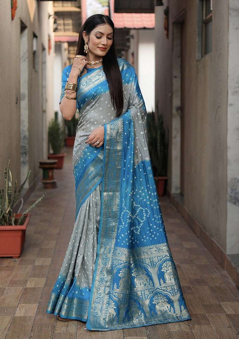 Grey Zari Pure Silk Bandhani Saree Set for Diwali and Festive Wear - Indya