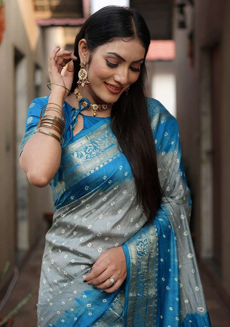 Grey Zari Pure Silk Bandhani Saree Set for Diwali and Festive Wear - Indya