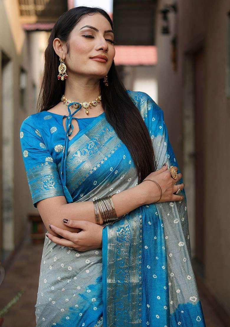 Grey Zari Pure Silk Bandhani Saree Set for Diwali and Festive Wear - Indya