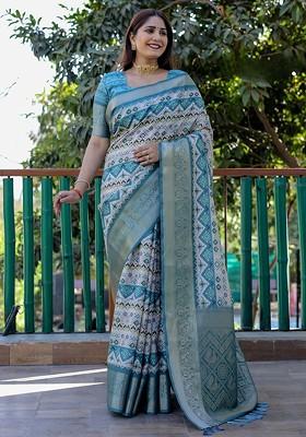 Turquoise Blue Zari Pure Silk Bandhani Saree Set