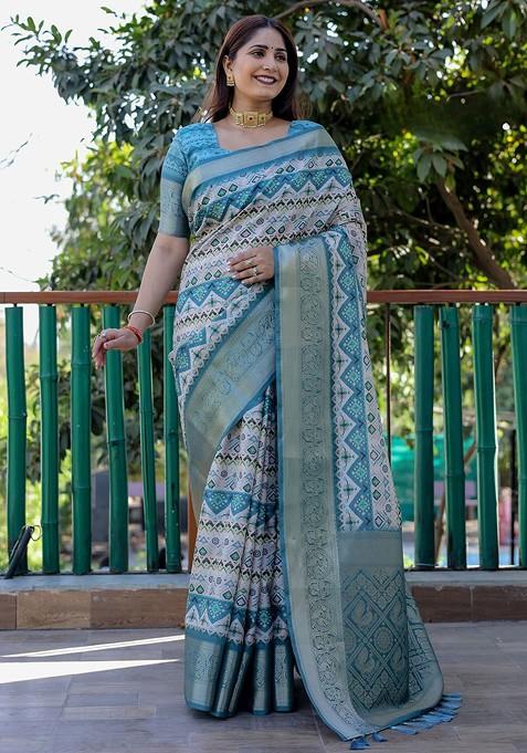 Turquoise Blue Zari Pure Silk Bandhani Saree Set