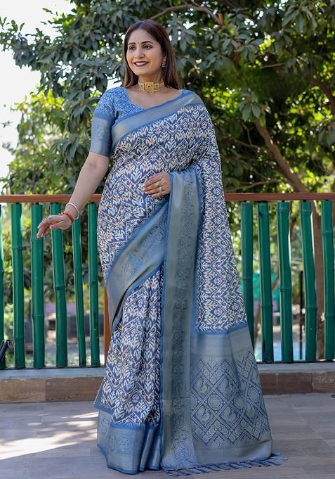 Blue Ethnic Motifs Zari Pure Silk Bandhani Saree Set