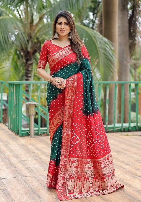 Red Zari Pure Silk Bandhani Saree Set