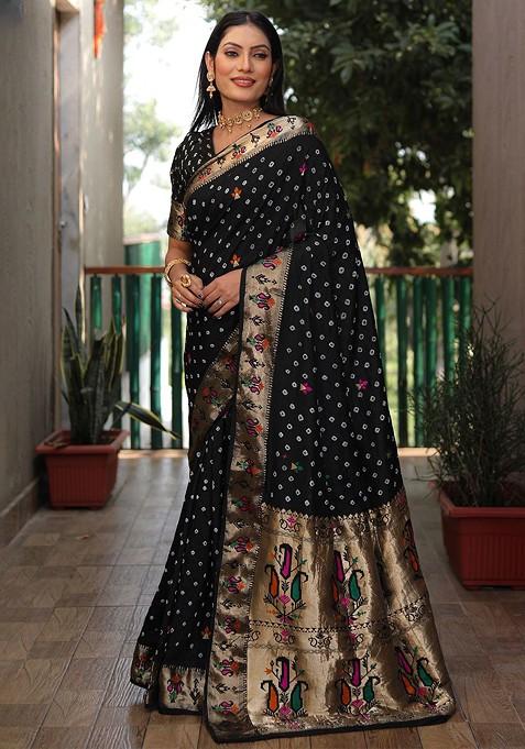 Black Zari Pure Silk Bandhani Saree Set