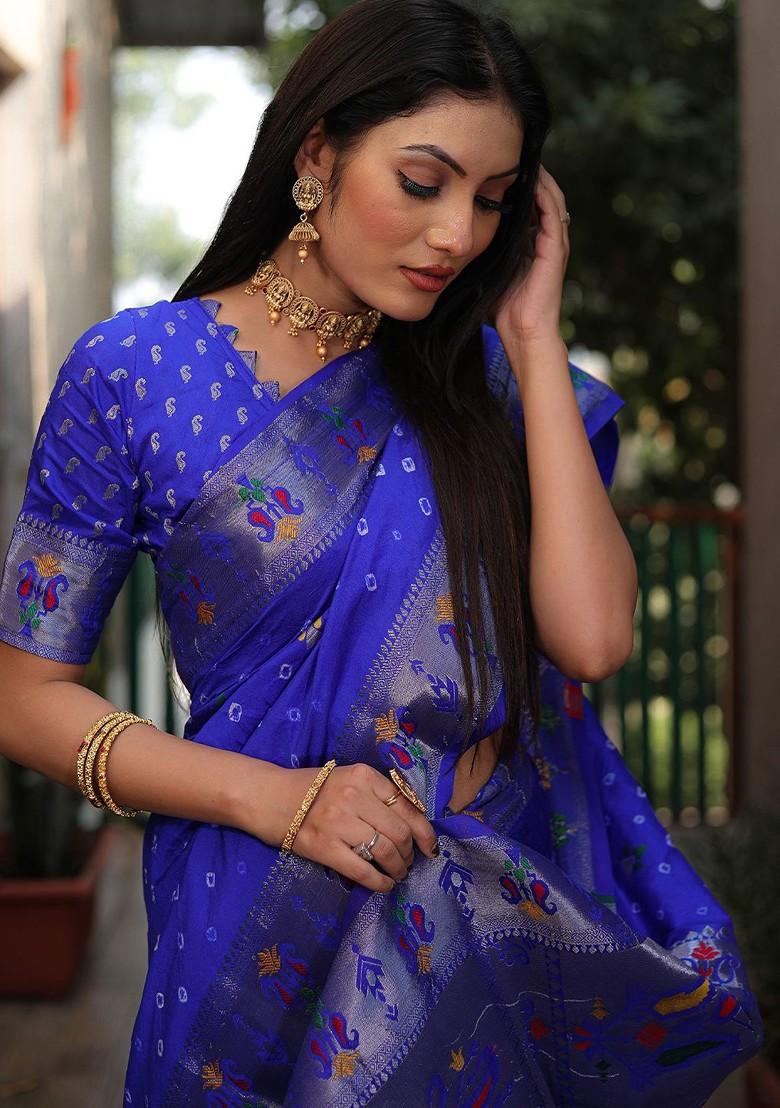 Blue Woven Zari Pure Silk Bandhani Saree Set