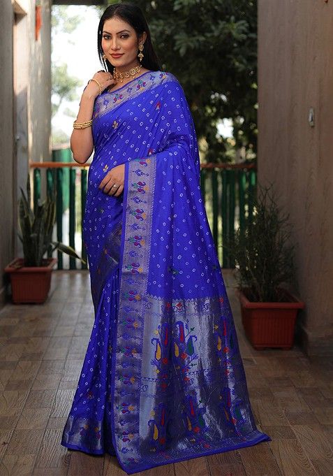 Blue Woven Zari Pure Silk Bandhani Saree Set