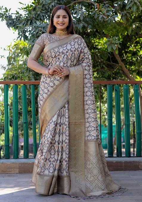 Coffee Brown Zari Pure Silk Bandhani Saree Set