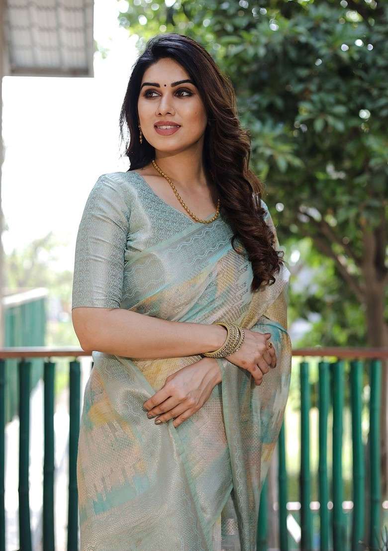 Turquoise Blue Woven Zari Pure Silk Saree Set - Indya