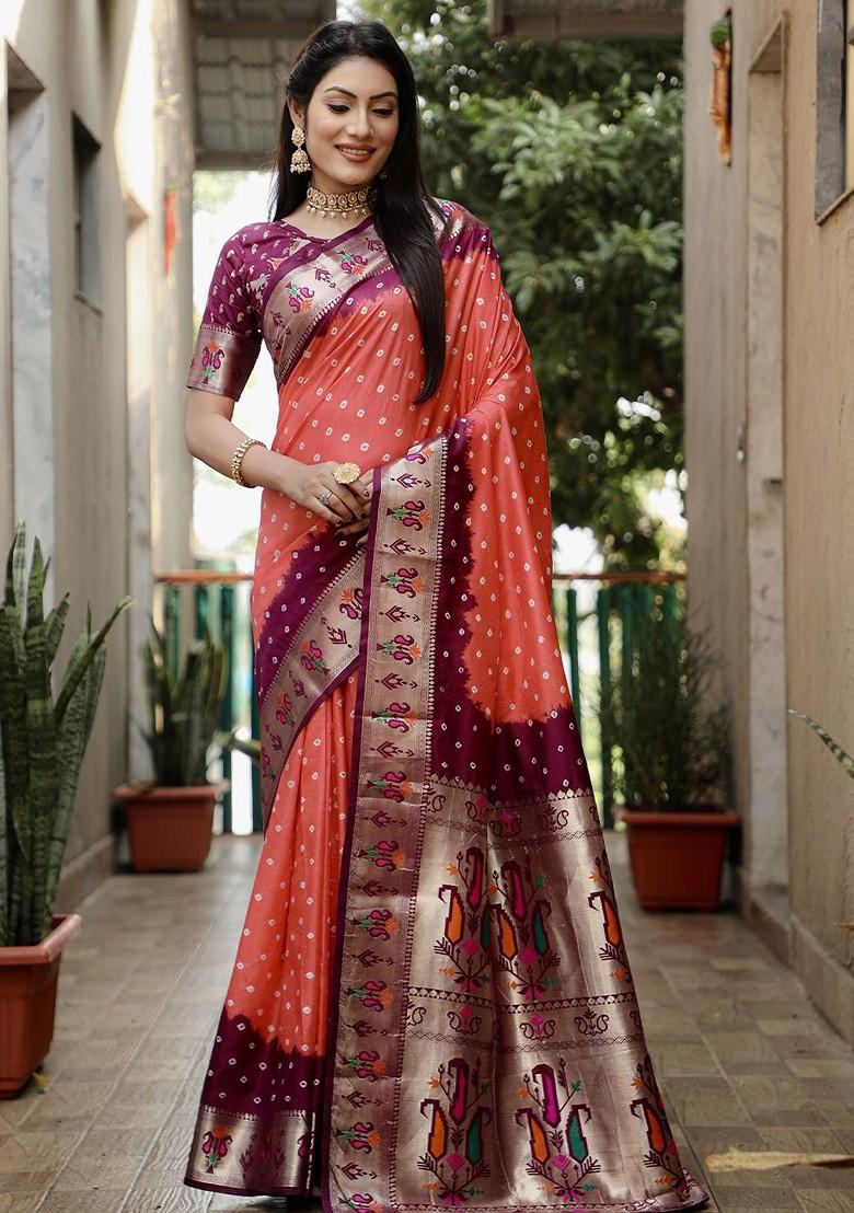 Peach Zari Pure Silk Bandhani Saree Set - Indya