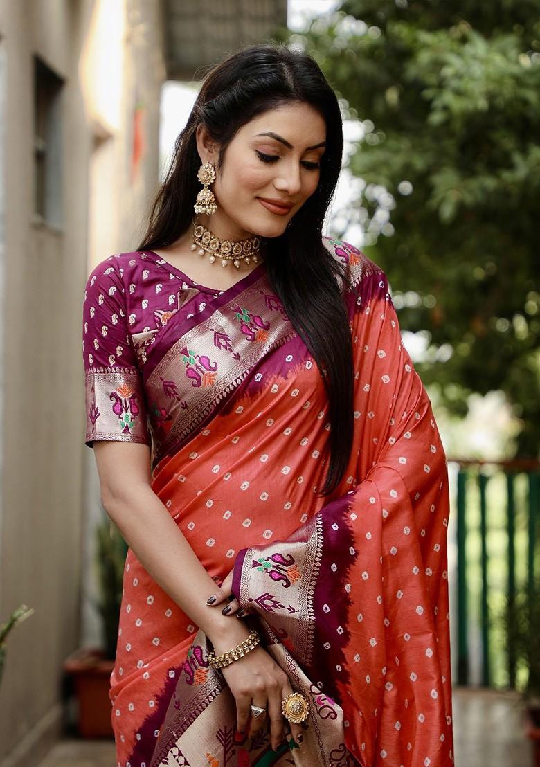 Peach Zari Pure Silk Bandhani Saree Set - Indya