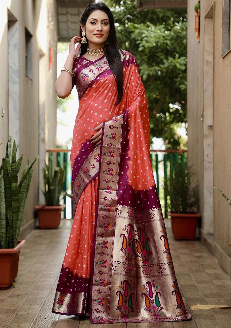 Peach Zari Pure Silk Bandhani Saree Set - Indya