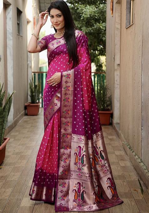 Pink Zari Pure Silk Bandhani Saree Set