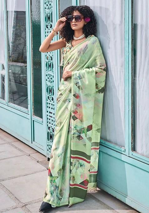 Green Floral Print Saree Set