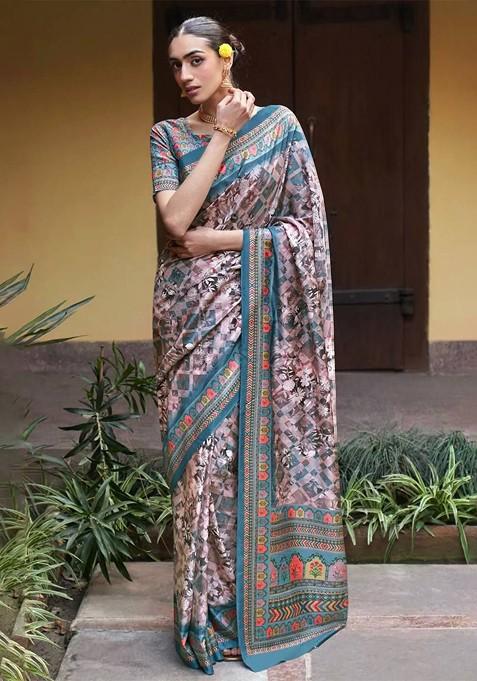 Teal Ethnic Motif Printed Saree Set