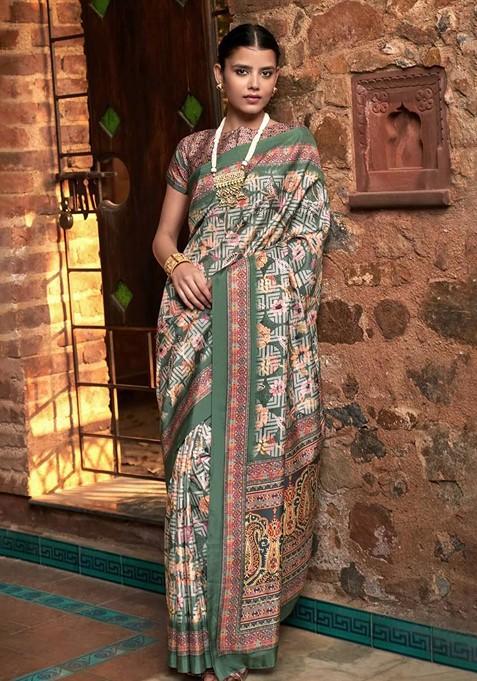 Green Floral Print Saree Set