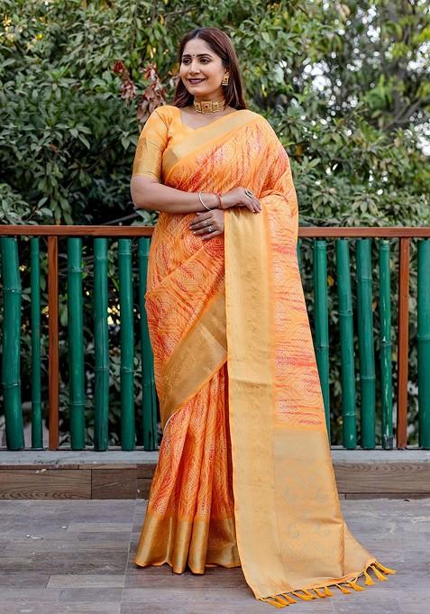 Orange Bandhani Print Pure Silk Saree Set