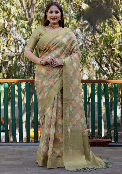 Green Woven Pure Silk Saree Set