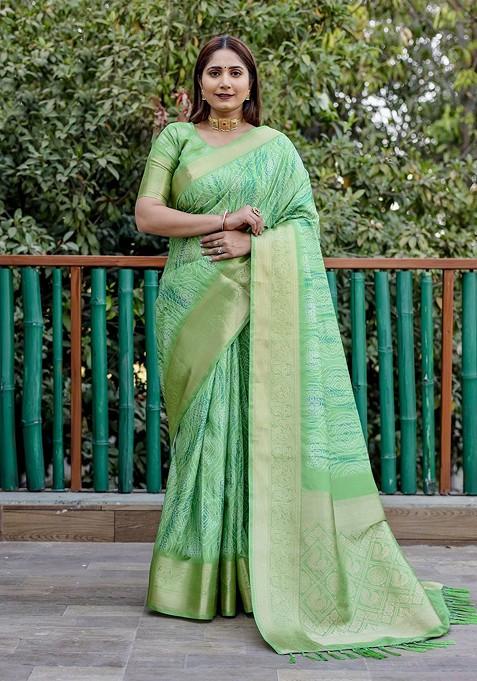 Lime Green Bandhani Print Pure Silk Saree Set