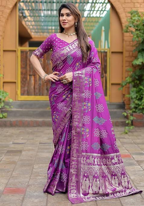 Purple Woven Printed Pure Silk Bandhani Saree Set