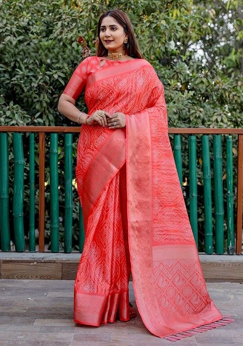 Red Woven Bandhani Print Pure Silk Saree Set