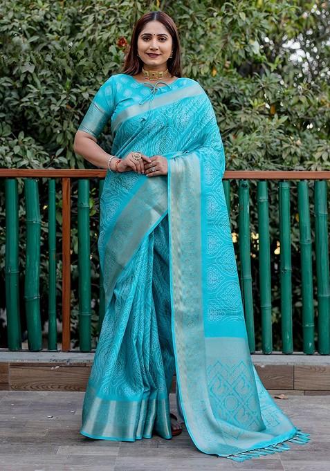 Turquoise Blue Bandhani Print Pure Silk Saree Set