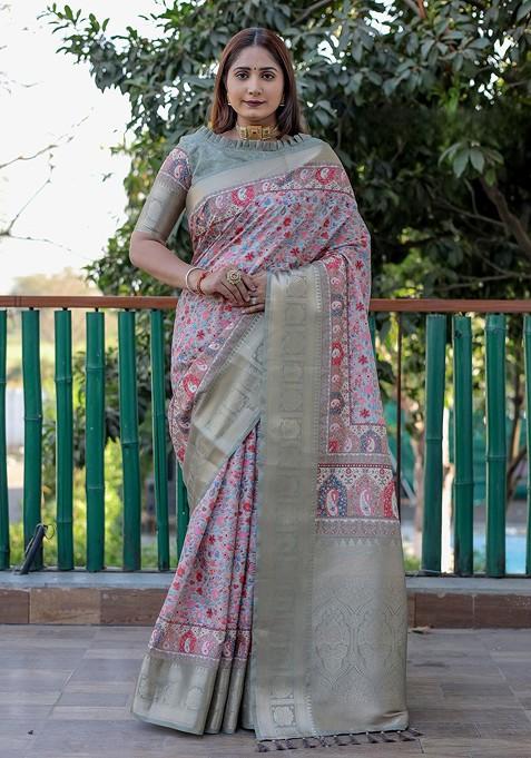 Grey Floral Print Pure Silk Saree Set