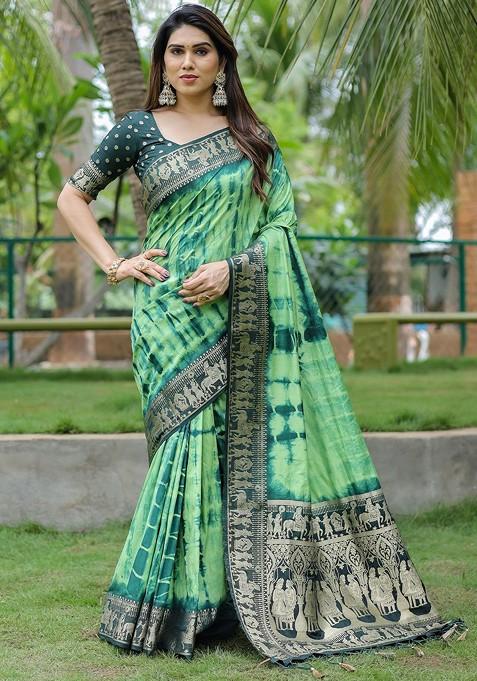 Fluorescent Green Tie And Dye Pure Silk Bandhani Saree Set