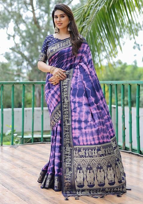 Navy Blue Tie And Dye Printed Pure Silk Bandhani Saree Set