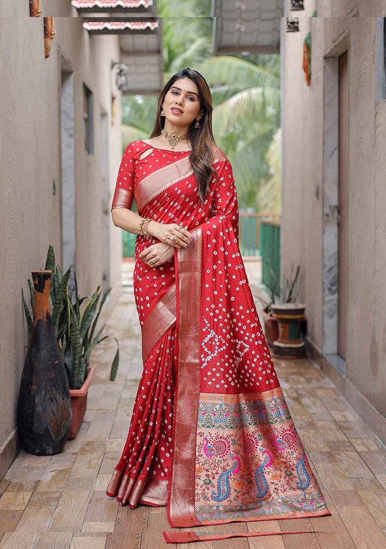 Red Pure Silk Bandhani Saree Set