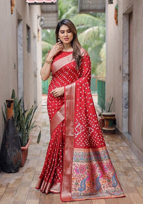 Red Pure Silk Bandhani Saree Set