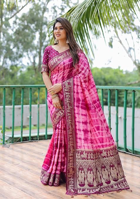 Peach Tie And Dye Bandhani Print Pure Silk Saree Set