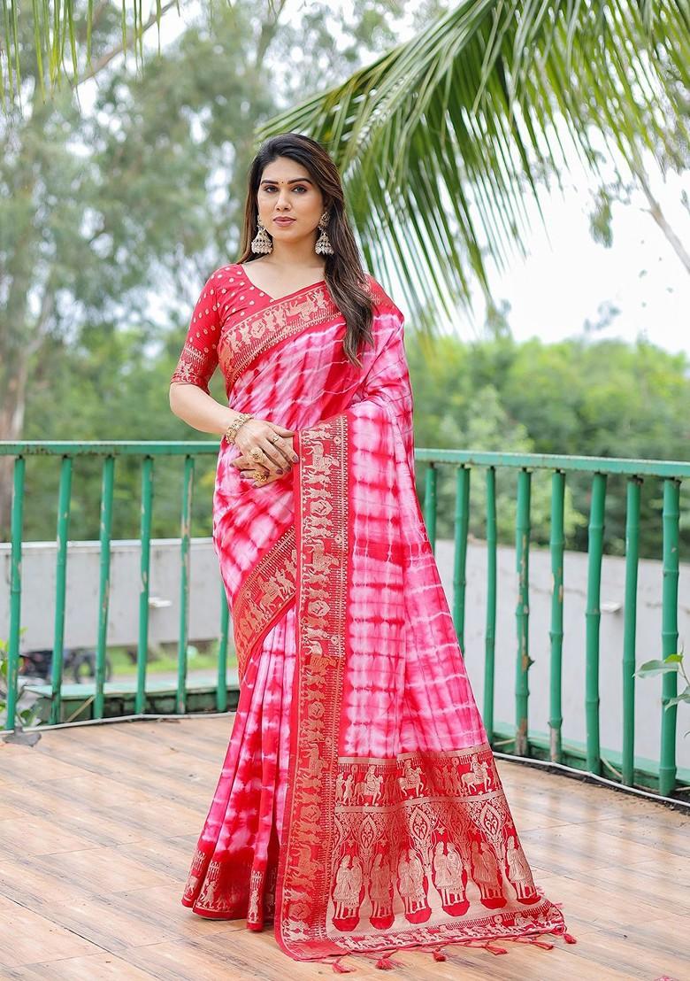 Pink Tie And Dye Pure Bandhani Print Silk Saree Set
