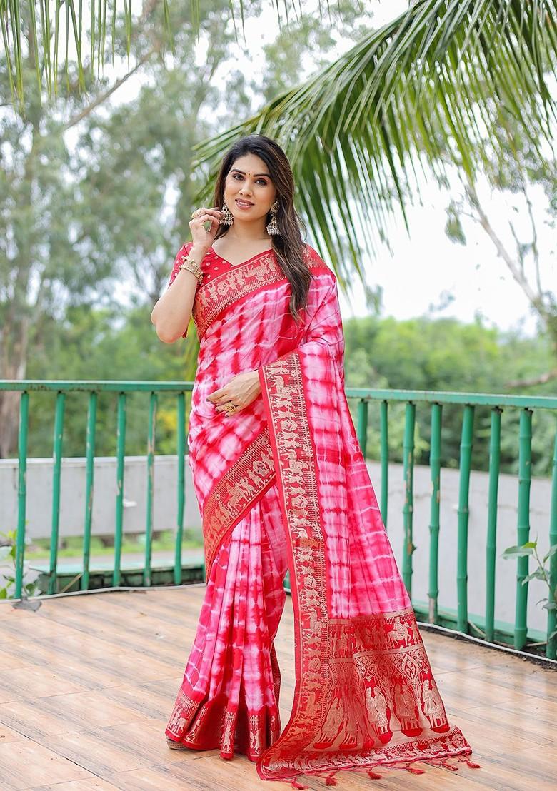 Pink Tie And Dye Pure Bandhani Print Silk Saree Set